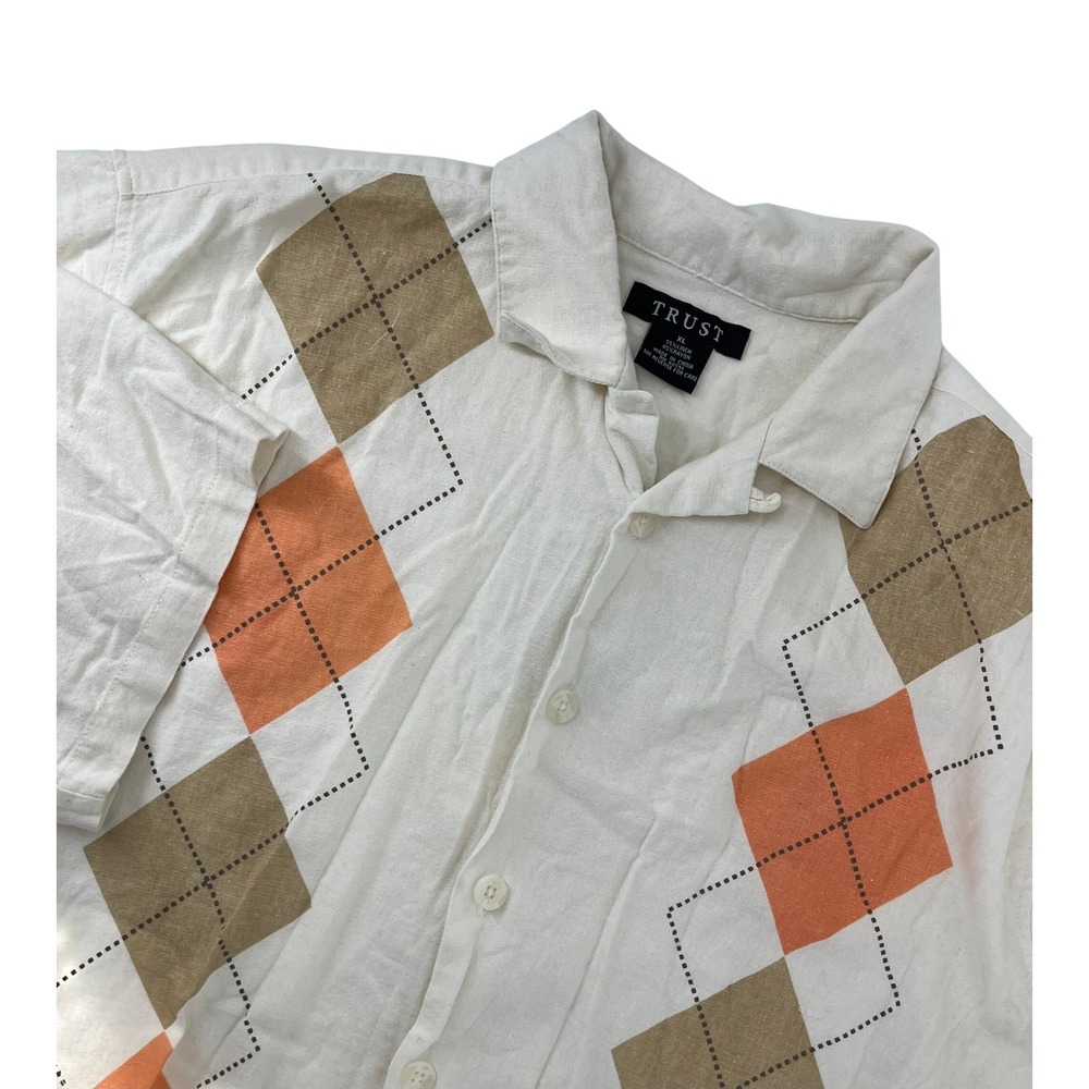 Trust Mens XL Linen Blend Argyle Button Down Shirt Cream Orange Tan Short Sleeve